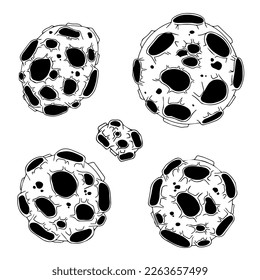Asteroid with craters. Space object. Planet, meteorite, Moon. Exploration of open space. Vector black and white illustration on a white background.