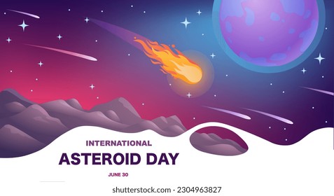 Cartel del Día de los Asteroides. Los cometas caen sobre un fondo de cielo estrellado y planetas. Cuerpos cósmicos en el espacio ultraterrestre, la galaxia y el universo. Astrología y astronomía. Dibujo vectorial plano de dibujos animados