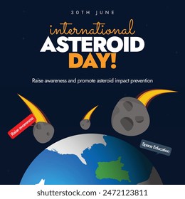 Día del Asteroide. Día Internacional de los Asteroides 30 de junio Anuncio de celebración con globo terráqueo y diferentes asteroides que vienen hacia él. El día es para crear conciencia sobre los asteroides y las formas de proteger la tierra