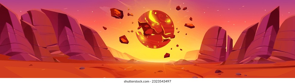 Asteroid explosion in mars desert planet space landscape. Alien martian red sand surface with fireball burst in sky cartoon vector illustration. Magic galaxy videogame 2d horizon with destruction