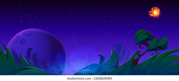 Asteroide cayendo en la ilustración de fondo del cielo azul nocturno. El paisaje estelar oscuro y el meteorito a la hora de la noche. Hermosas hojas verdes en el exterior, diseño panorámico de verano. Escena de la naturaleza abstracta de la caricatura mágica