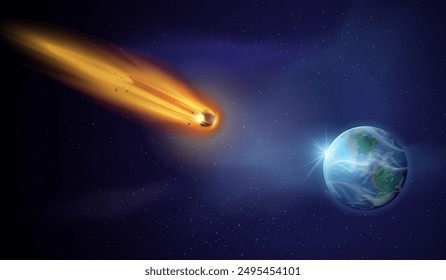 Asteroid fällt auf die Erde. Fliegende brennende Meteorschauer fällt auf den Planeten, Weltraumgegenstand beleuchtet Feuer Meteoritenflamme Komet im Galaxienhimmel Universum Hintergrund, genaue Vektorillustration