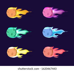 Asteroid flame. Colored space objects fireball meteor cartoon collection set