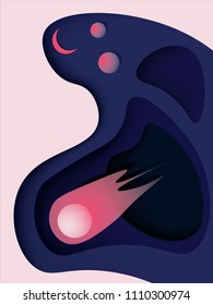 Asteroid in flames traveling in space.  Paper cut vector hand drawn illustration. 