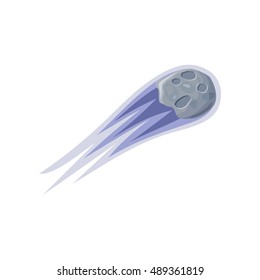 Asteroid icon illustration. Falling asteroid with long tail. Asteroids flying. Comet icon. Element of solar system. Isolated object in flat on white background. Meteor shower. Vector illustration.