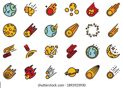 Asteroid icons set. Outline set of asteroid vector icons thin line color flat on white