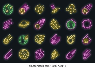 Asteroid icons set. Outline set of asteroid vector icons neon color on black