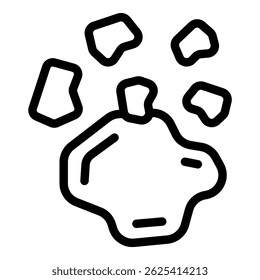 Asteroid impacting planet surface leaving a crater, simple black and white icon
