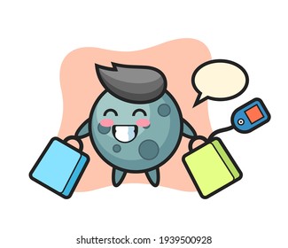 Asteroid mascot cartoon holding a shopping bag