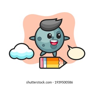 Asteroid mascot illustration riding on a giant pencil