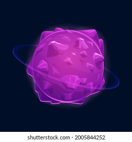 Asteroid or meteor, fantasy planet alien world isolated cartoon icon. Vector purple fantastic mystery rock in universe, cosmic rotating body. Imaginary outer space planet ui or gui game design element