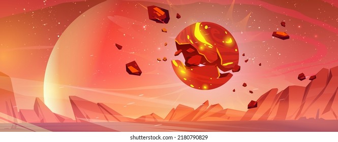 Asteroid Or Meteorite Explosion Above Planet Surface. Vector Cartoon Fantastic Illustration For Space Game Interface With Alien World Landscape And Comet Or Meteor Sphere Blast