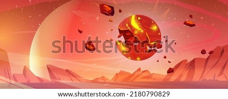 Asteroid or meteorite explosion above planet surface. Vector cartoon fantastic illustration for space game interface with alien world landscape and comet or meteor sphere blast