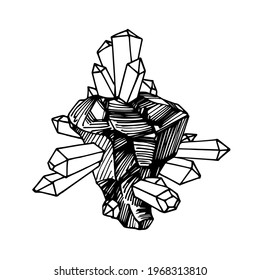asteroid with minerals, flying magic stone with diamond gemstones, piece of coal with crystals, vector illustration with black ink lines isolated on a white background in cartoon and hand drawn style