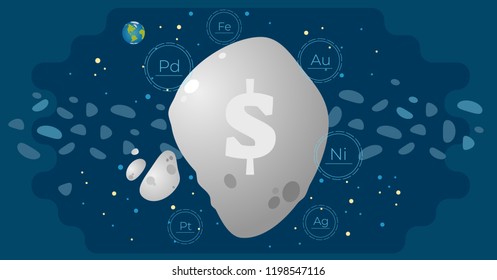 Asteroid mining concept vector illustration poster, raw materials such as gold, silver, palladium, platinum, iron and nickel exploitation from asteroids. Natural resources space business industry.