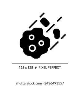 Asteroid pixel perfect black glyph icon. Space rock. Potentially hazardous object. Celestial body. Natural disaster. Silhouette symbol on white space. Solid pictogram. Vector isolated illustration