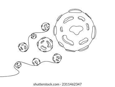 An asteroid with satellites flies in space. Coloring book for children. Asteroid Day. One line drawing for different uses. Vector illustration.