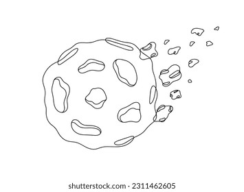 An asteroid with satellites flies in space. Coloring book for children. Asteroid Day. One line drawing for different uses. Vector illustration.