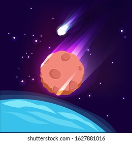 Asteroid in space. Meteorite in sky dark apocalypse concept big star comet glowing vector background