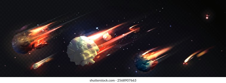 Asteroid space set of blazing cosmic rocks with luminous fire trails flying through starry cosmos. Realistic massive meteorites surrounded by burning plasma effects and smaller flaming comets.