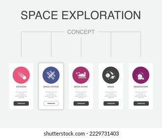 asteroid, space station, moon rover, space, observatory icons Infographic design template. Creative concept with 5 steps