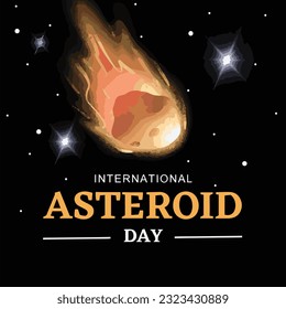 An asteroid streaking through space, with earth and stars in the background, as a banner or poster, international asteroid day. International asteroid day logo. Flat vector illustration eps