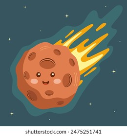 Asteroid streaking through space and stars. Cute cartoon character in flat style for poster, holiday card design. Vector illustration.