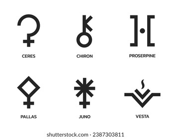 asteroid symbol set. astrology, astronomy and horoscope sign. isolated vector image in simple style