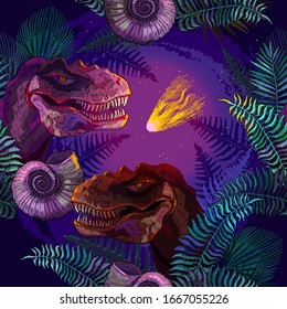 Asteroid that wiped out the dinosaurs. Tyrannosaurus rex, palm leaves, ammonite fossil. Prehistoric life. Archeology and paleontology art. Template for print design 