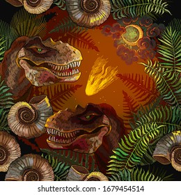 Asteroid that wiped out the dinosaurs. Prehistoric life. Archeology and paleontology art. Template for print design. Tyrannosaurus rex, palm leaves, ammonite fossil 