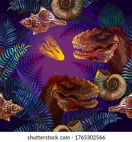 Asteroid that wiped out the dinosaurs. Seamless pattern. Tyrannosaurus rex, palm leaves, ammonite fossil.Template for print design. Prehistoric life. Archeology and paleontology art 