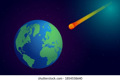 Asteroid towards earth vector illustration - A comet about to crash into our planet, view from space.