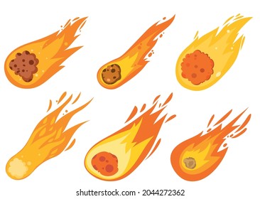 Asteroid vector cartoon set isolated on white background. Fireball flame rock stone flying to earth. Space dangerous object