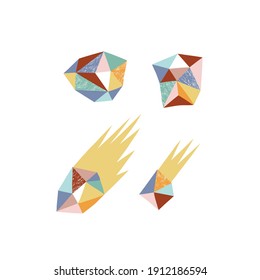 Asteroid vector clip art set. Cosmic stone design elements isolated on white. Abstract textured geometric triangle space clip-art collection for kid and baby