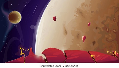 An asteroid with volcanic activity is moving near a gas giant planet. Panoramic view of open space, galaxy, nebula, asteroids, planetary movement, stars. Sci-fi, cartoon. Vector illustration.