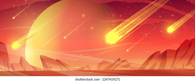 Asteroids with burning trails falling on alien orange planet. Cartoon vector illustration of cosmic desert landscape in outer space, rocky meteors in flame falling down. Apocalypse game background