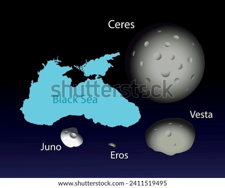 Asteroids Ceres, Vesta, Juno and Eros. Comparison of the sizes of asteroids and the Black Sea. Science education illustration
