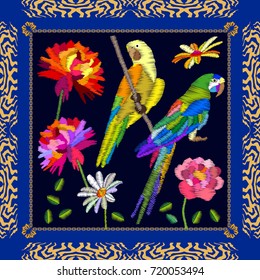 Asters in the autumn garden. Silk scarf with parrots and flowers. Stylized embroidered texture. Vintage textile collection.