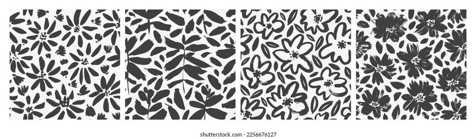 Asters, chamomiles and wild flowers drawn by brush. Vector liberty style. Hand drawn abstract organic background. Cute summer or spring wallpapers. Botanical ink illustrations.