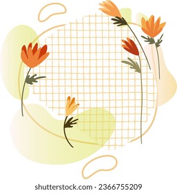 Asters, spots and shapes, checkered texture, line. Botanic illustration in warm autumn colors. Frame, place to place a photo, text, logo, etc. Clipart. Isolated element. 