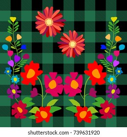 Asters and wildflowers on green textile background. Stylized embroidery on checkered fabric inspired by folk art. Creative vector pattern with Spanish motifs. Retro design collection.