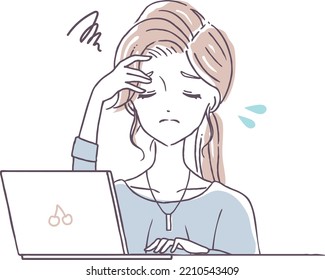 Asthenopia headache overwork laptop computer working woman working from home freelance illustration material