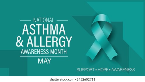 Asthma and allergy awareness month campaign banner. Advocacy and education poster. Featuring turquoise ribbon and text.