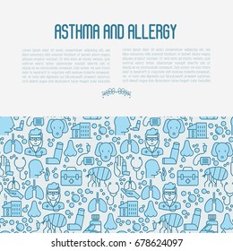 Asthma and allergy concept contains seamless pattern for web page, banner of clinic, thin line icons with allergy symptoms and the most common allergens. Asthma inhaler. Vector illustration.