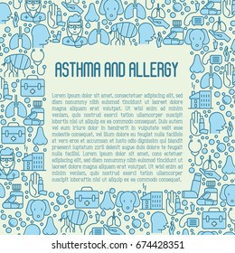 Asthma and allergy concept for web page, banner of clinic, contains thin line icons with allergy symptoms and the most common allergens. Asthma inhaler. Vector illustration.
