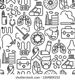 Asthma and allergy seamless pattern for web page, banner of clinic, contains thin line icons with allergy symptoms and the most common allergens. Asthma inhaler. Vector illustration.