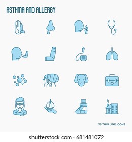 Asthma and allergy thin line icons set with allergy symptoms and the most common allergens. Asthma inhaler. Vector illustration.