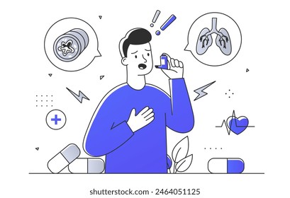 Asthma attack concept. Young guy with inhalator care about health. Treatment and medicine, diagnosis. Breathing problems. Line art style flat vector illustration isolated on white background