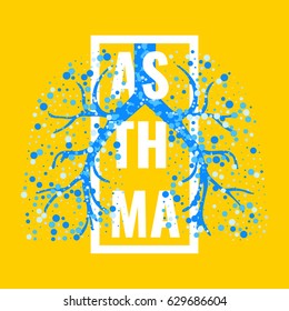 Asthma awareness frame poster with lungs filled with air bubbles on yellow background. Bronchial disease symbol. Medical template for pulmonary clinics and centers. Vector illustration.