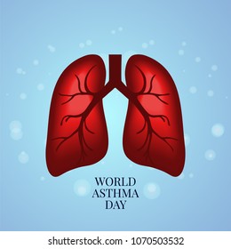 Asthma awareness poster with lungs on bubble textured blue background. Bronchial disease symbol. Medical template for pulmonary clinics and centers. Vector illustration.